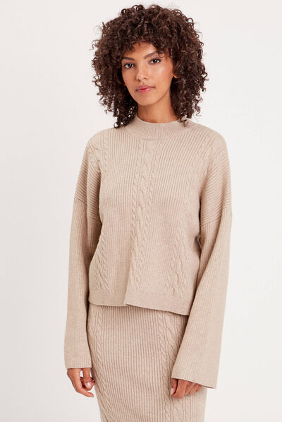 Pull col montant torsades beige femme