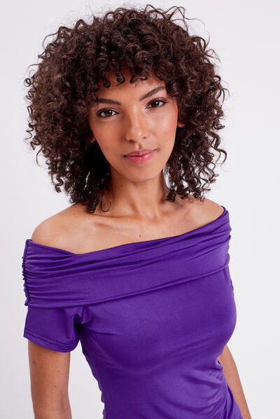 T-shirt col bardot violet femme