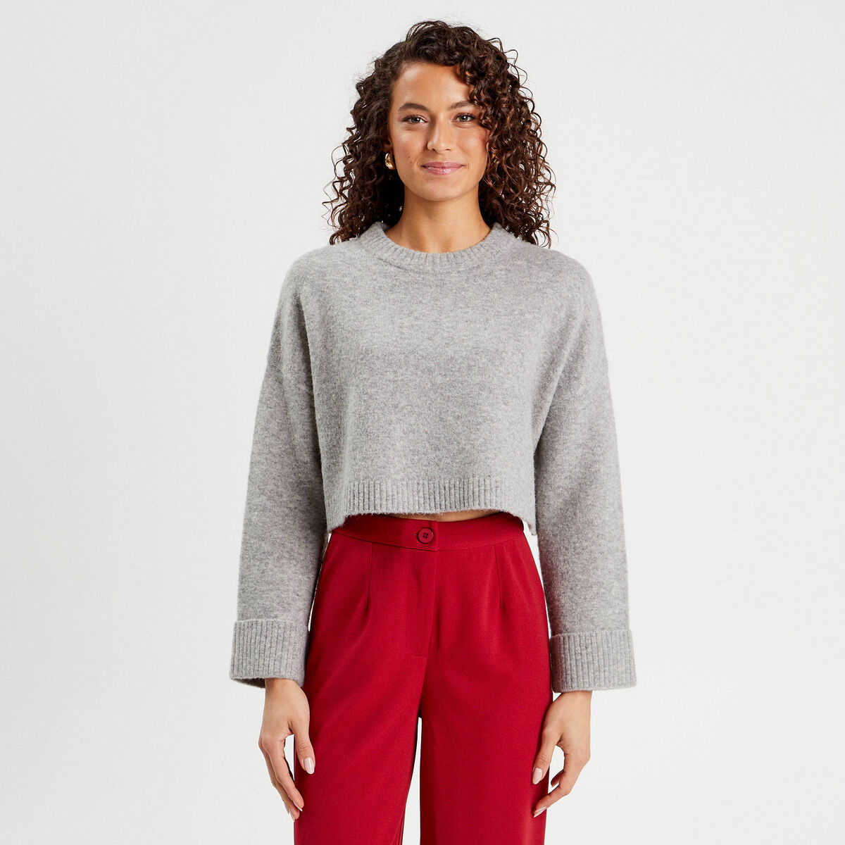 Pull cropped manches longues gris foncé femme