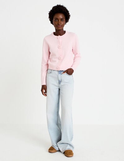 Gilet manches longues col rond rose clair femme