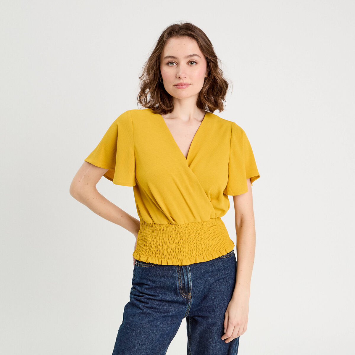 Blouse smockée manches courtes jaune citron femme