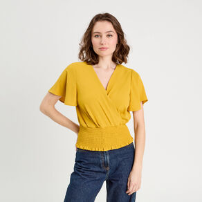 blouse smockee manches courtes jaune citron femme Blouse smockée manches courtes jaune citron femme