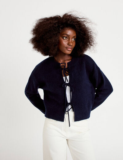 Gilet court nou&eacute; bleu marine femme