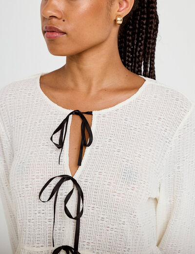 Blouse noeuds contrast&eacute;s ecru femme