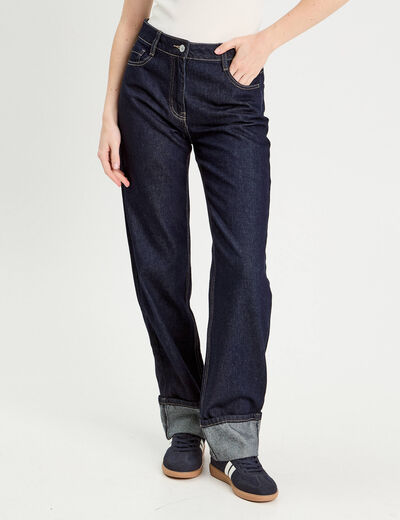 Jeans droit à revers denim brut femme