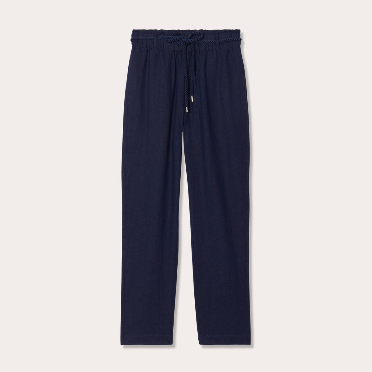 Pantalon droit fluide contenant du lin bleu marine femme
