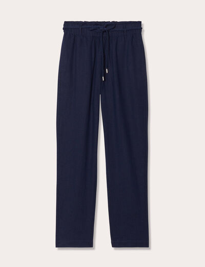 Pantalon droit fluide contenant du lin bleu marine femme