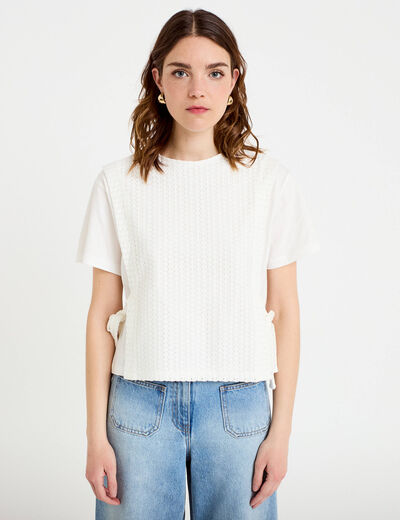 T-shirt 2-en-1 col rond manches courtes ecru femme