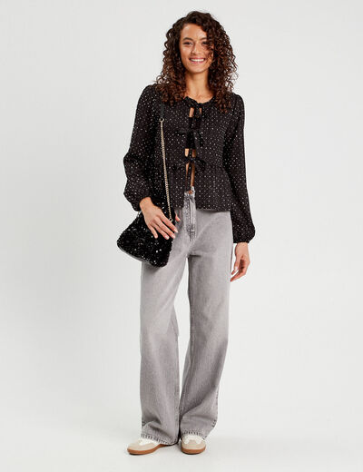 Blouse nou&eacute;e strass noir femme