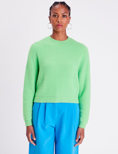 Pull cropped col rond vert femme