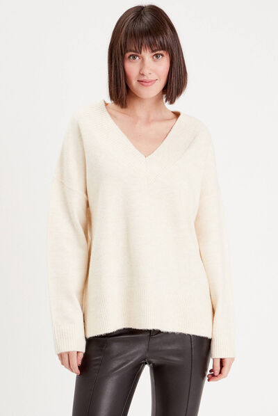 Pull manches longues col en V ivoire femme