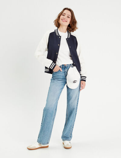 Veste boutonnée col teddy bleu marine femme