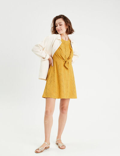 Robe évasée détail noeud jaune moutarde femme