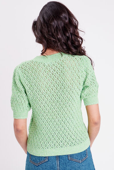 Pull manches courtes ajouré vert clair femme