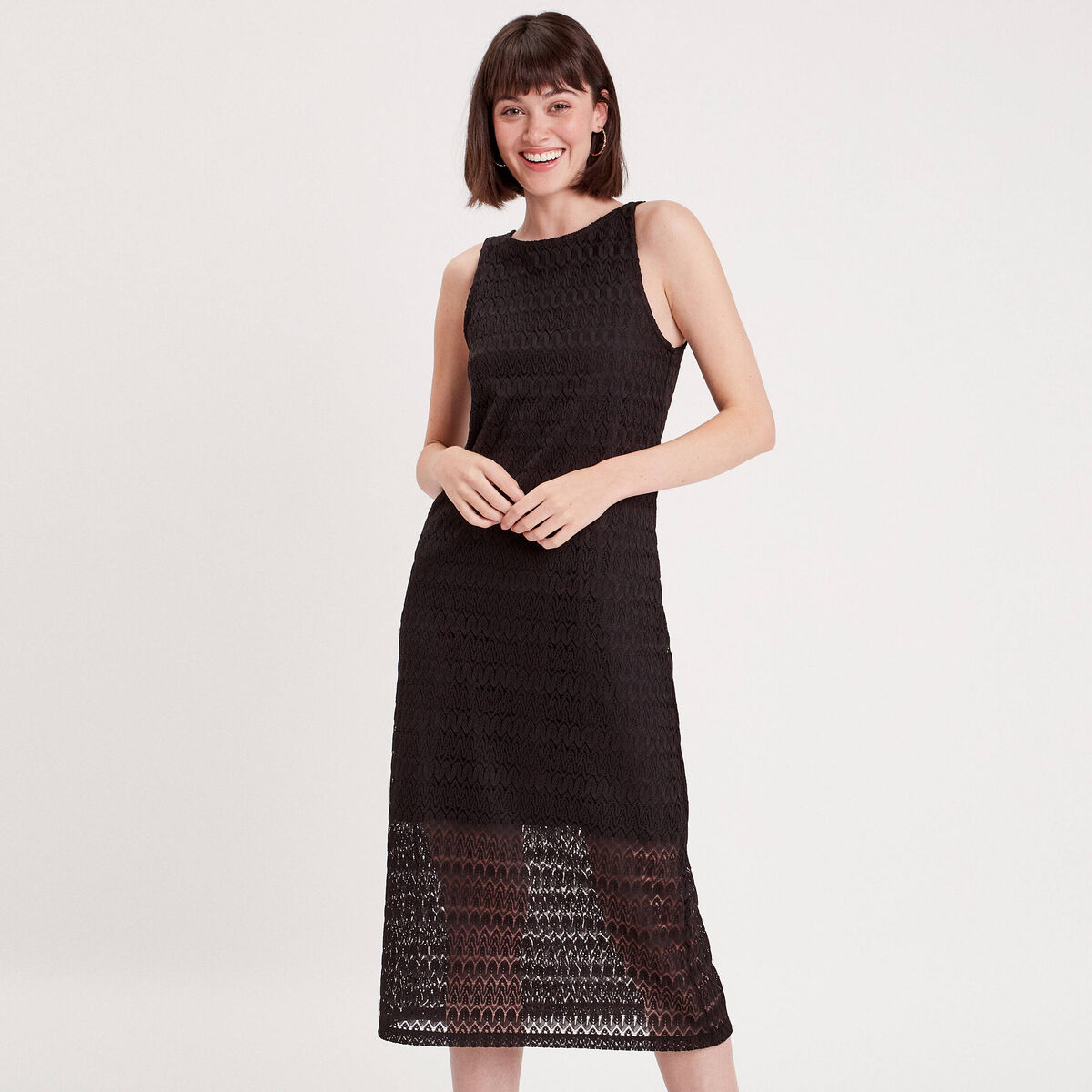 Robe longue droite ajourée noir femme