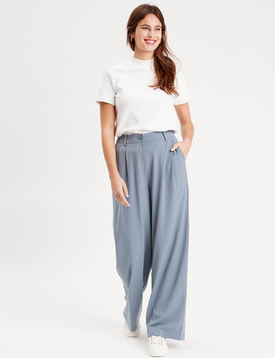 Pantalon large fluide pinces bleu gris femme