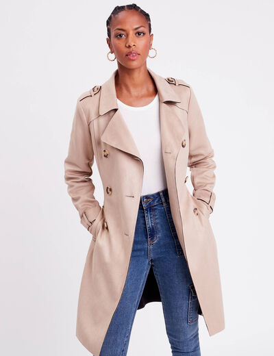 Trench long cintré suédine beige femme