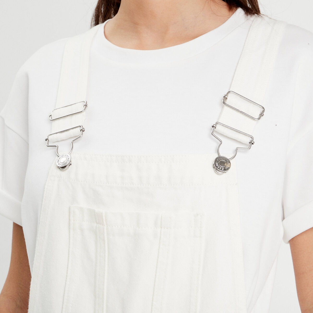 Salopette droite en jean ecru femme