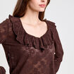 Blouse ajour&eacute;e manches longues marron fonc&eacute; femme