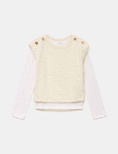 Pull 2-en-1 manches longues col rond ecru femme