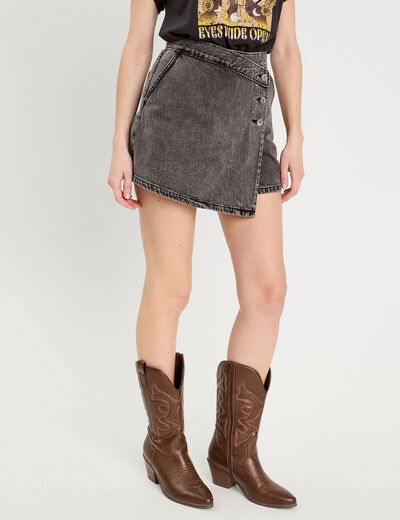 Jupe-short droite en jean denim noir femme