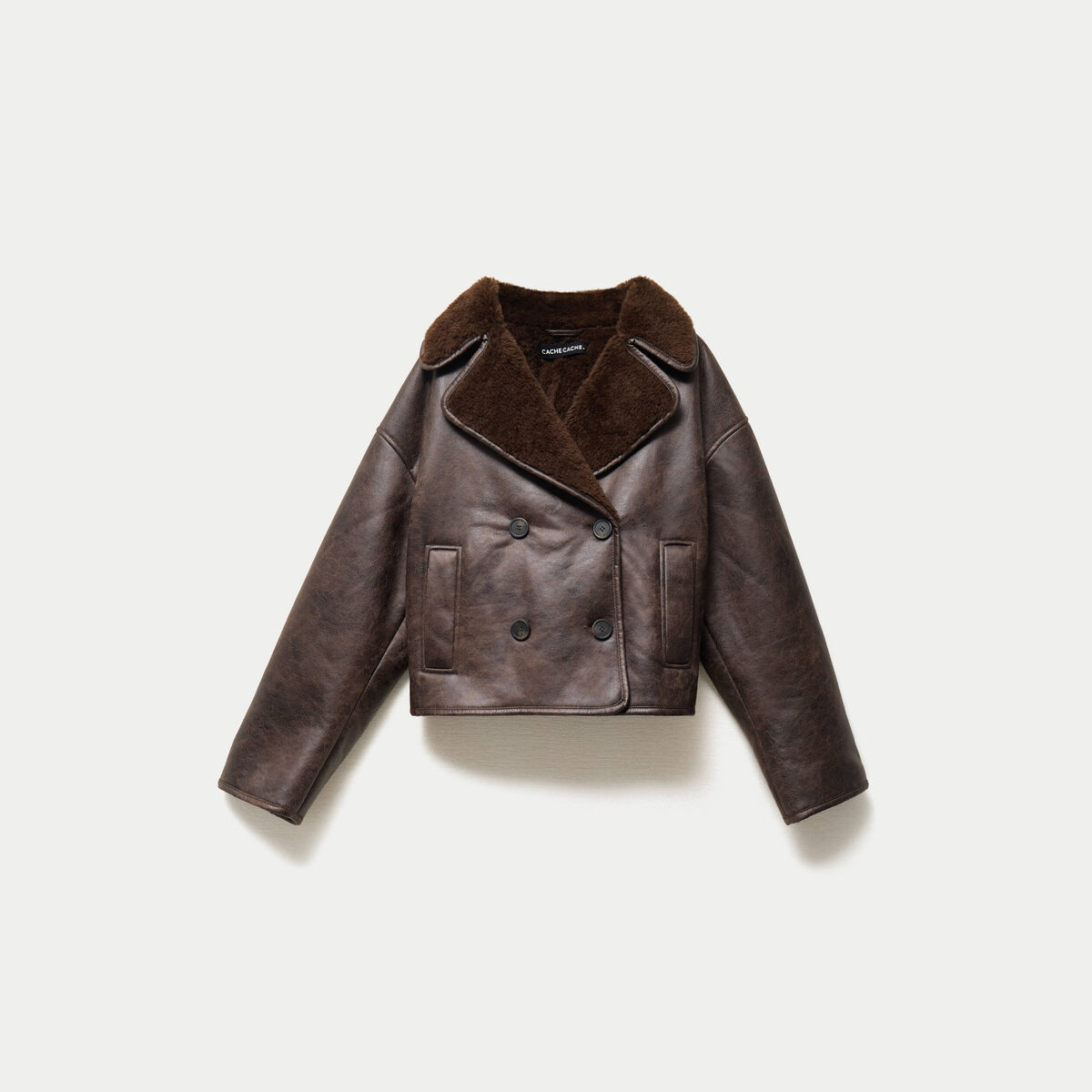 Caban cropped droit col tailleur marron fonc&eacute; femme