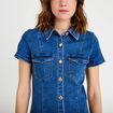 Robe trap&egrave;ze courte en jean col chemise denim double stone femme