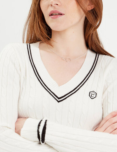 Pull manches longues torsades ecru femme