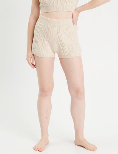 Short ajusté en tricot beige femme