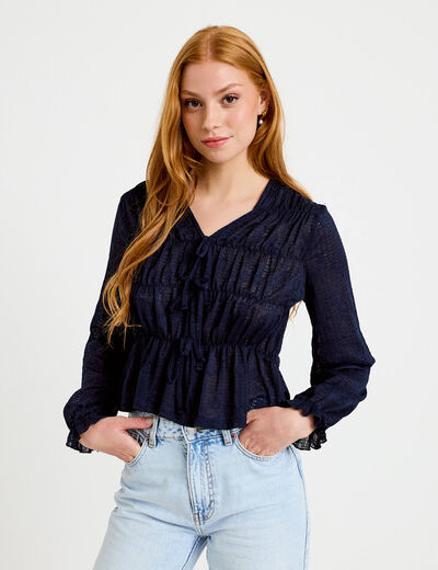Blouse ajust&eacute;e col v dentelle pliss&eacute;e bleu marine femme