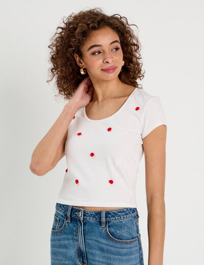 T-shirt détails brodés blanc femme