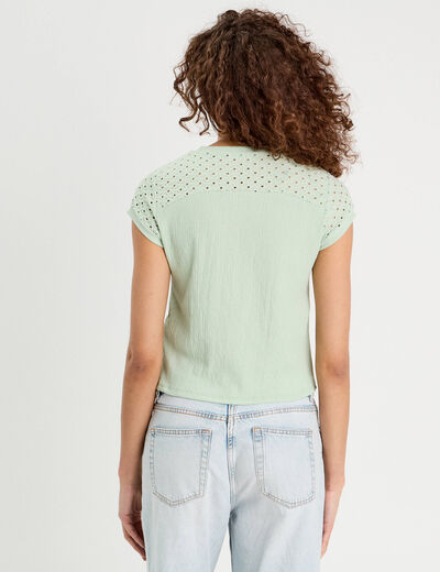 T-shirt détails ajourés vert clair femme