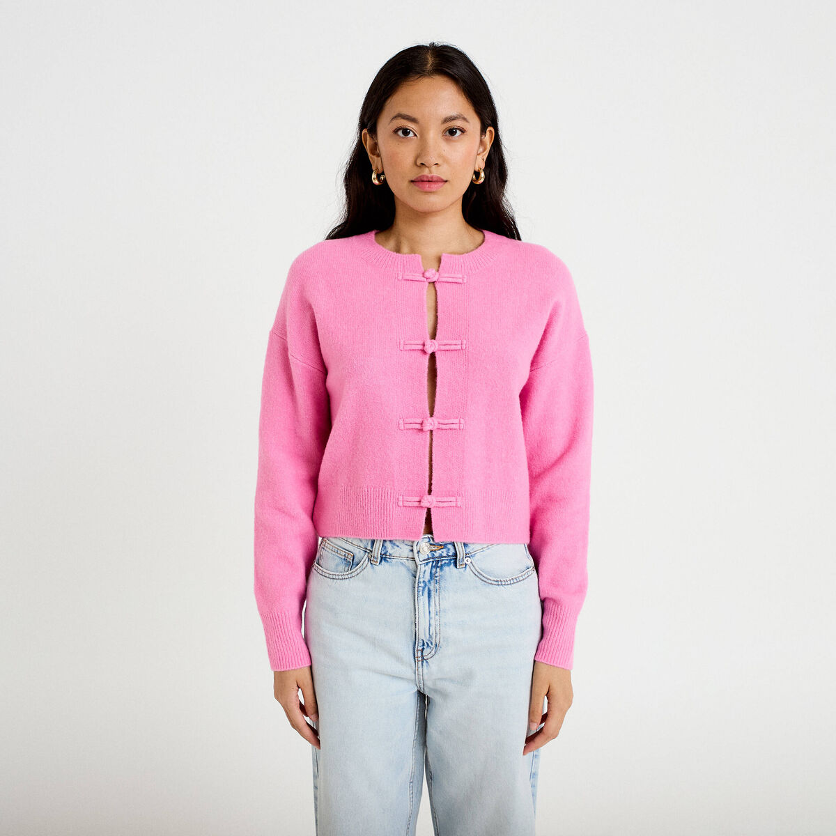Gilet col rond manches longues avec lien rose clair femme