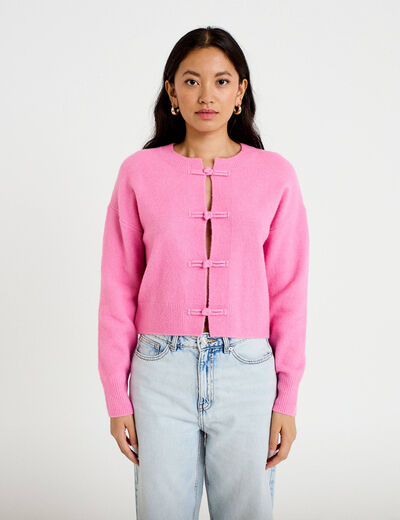 Gilet col rond manches longues avec lien rose clair femme