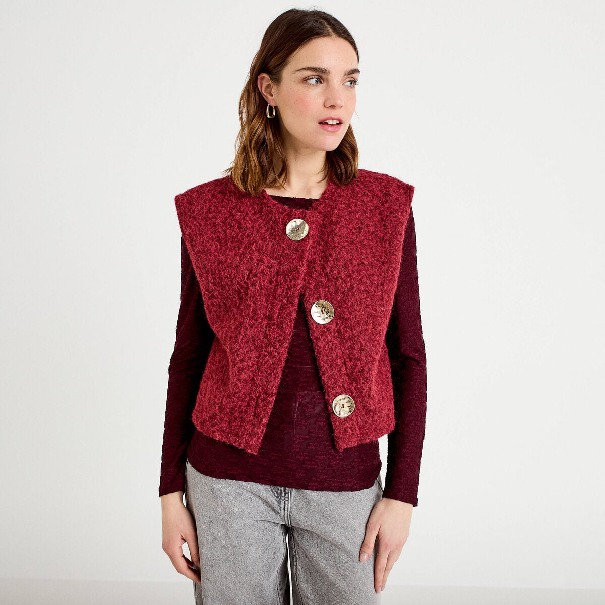 Gilet sans manches effet polaire rouge fonc&eacute; femme