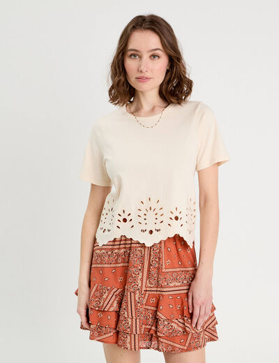 T-shirt broderie anglaise ecru femme