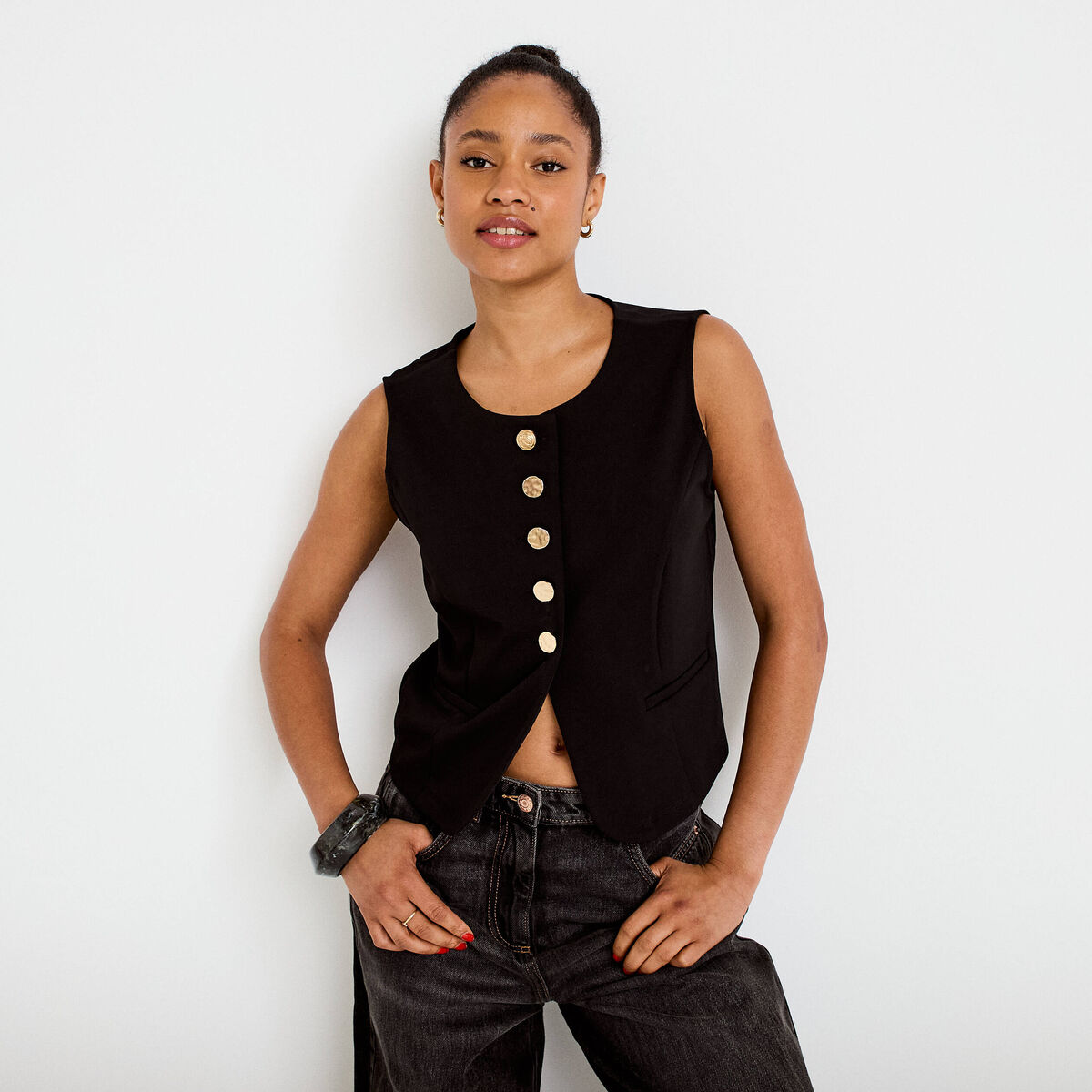 Gilet sans manches col rond noir femme
