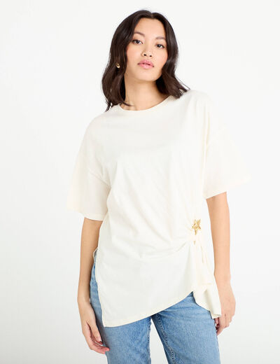 T-shirt &agrave; fronces avec bijou ecru femme