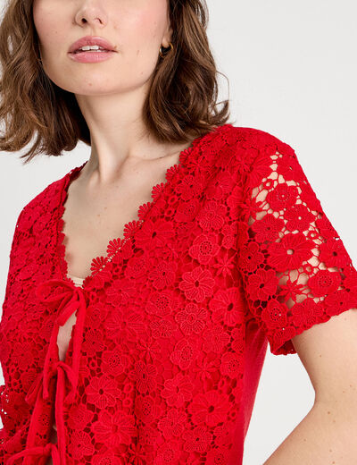 T-shirt noué dentelle guipure rouge femme