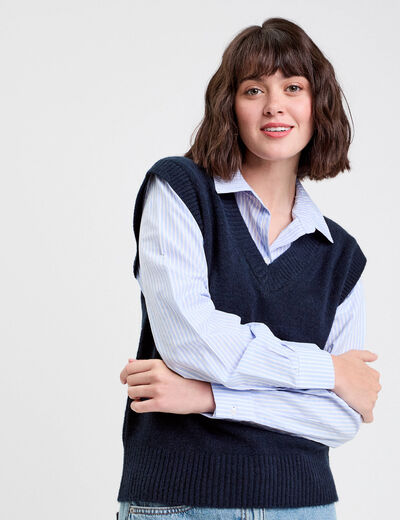Pull 2-en-1 col en V bleu marine femme