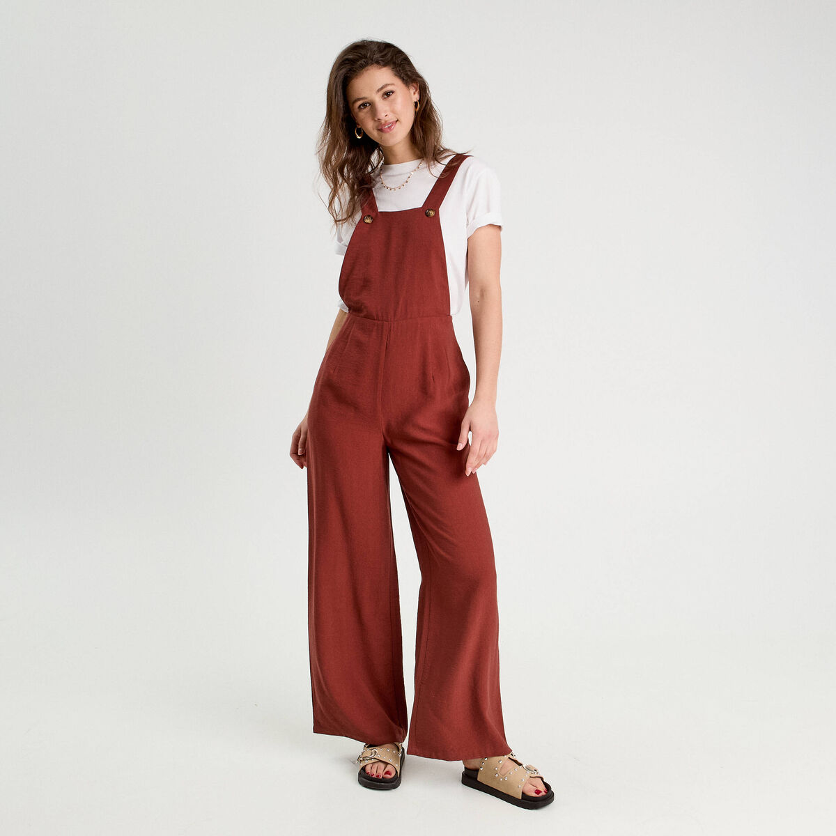Salopette jambe large marron cognac femme