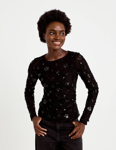 T-shirt ajust&eacute; col rond brod&eacute; perles noir femme
