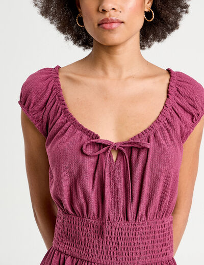 Robe évasée taille smockée prune femme