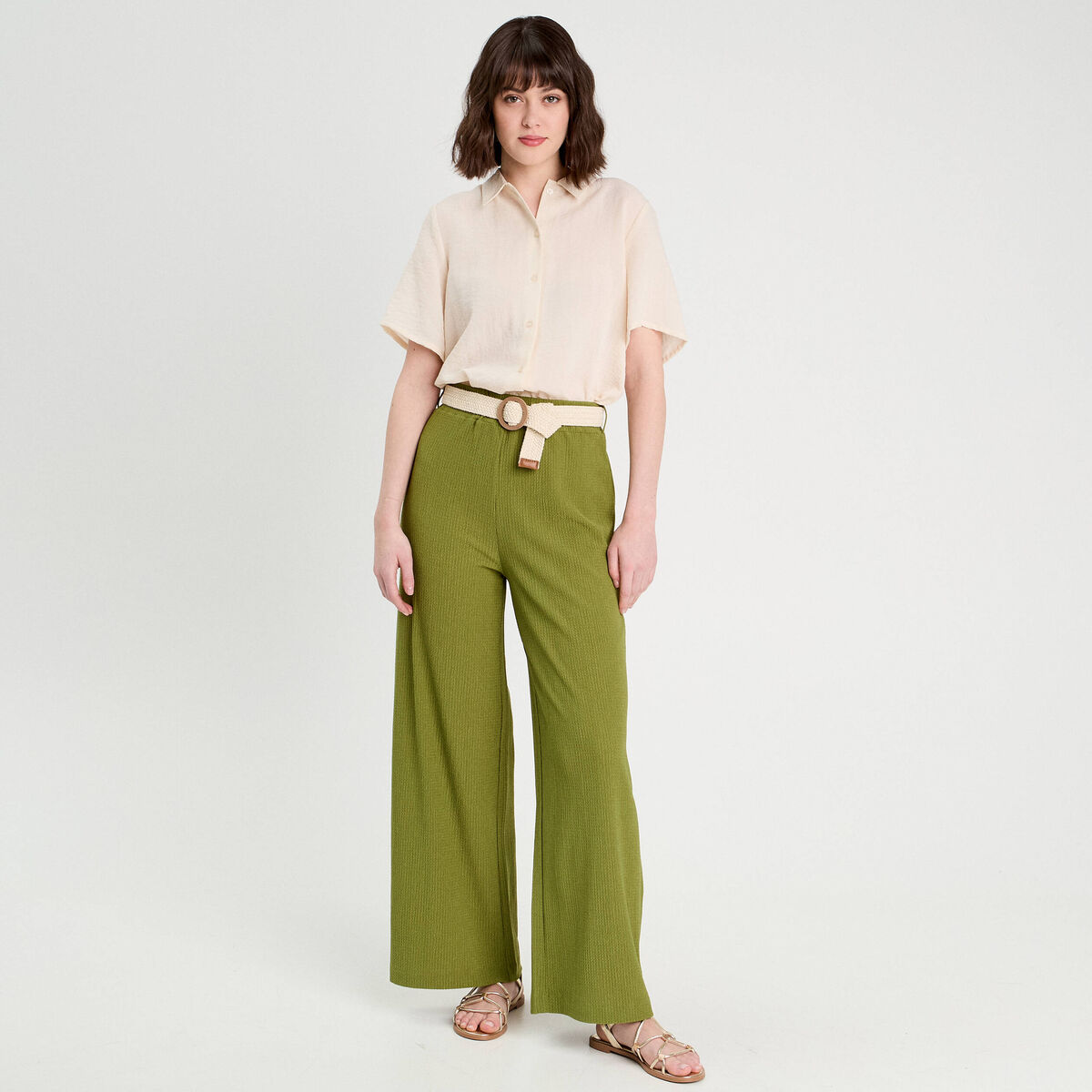 Pantalon large fluide ceinturé vert foncé femme