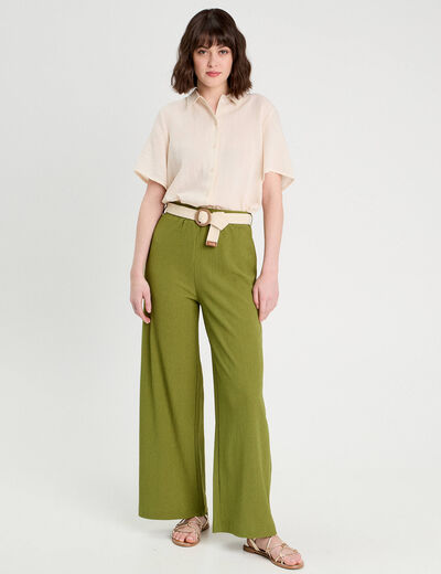 Pantalon large fluide ceinturé vert foncé femme