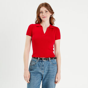 T-shirt manches courtes col polo rouge femme