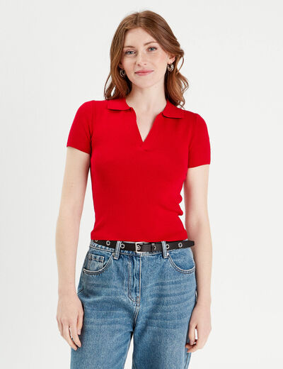 T-shirt manches courtes col polo rouge femme