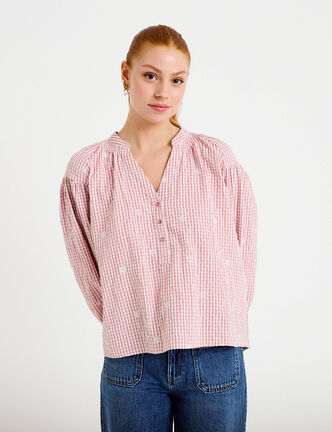 Blouse vichy brod&eacute;e rose femme