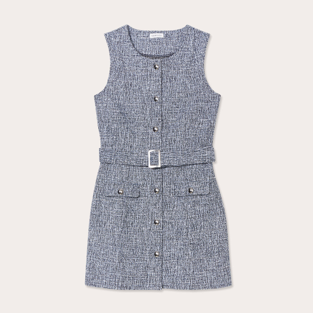 Robe cintrée ceinturée tweed bleu femme