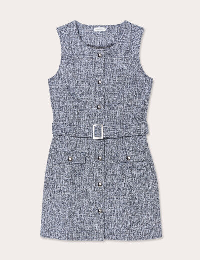 Robe cintrée ceinturée tweed bleu femme
